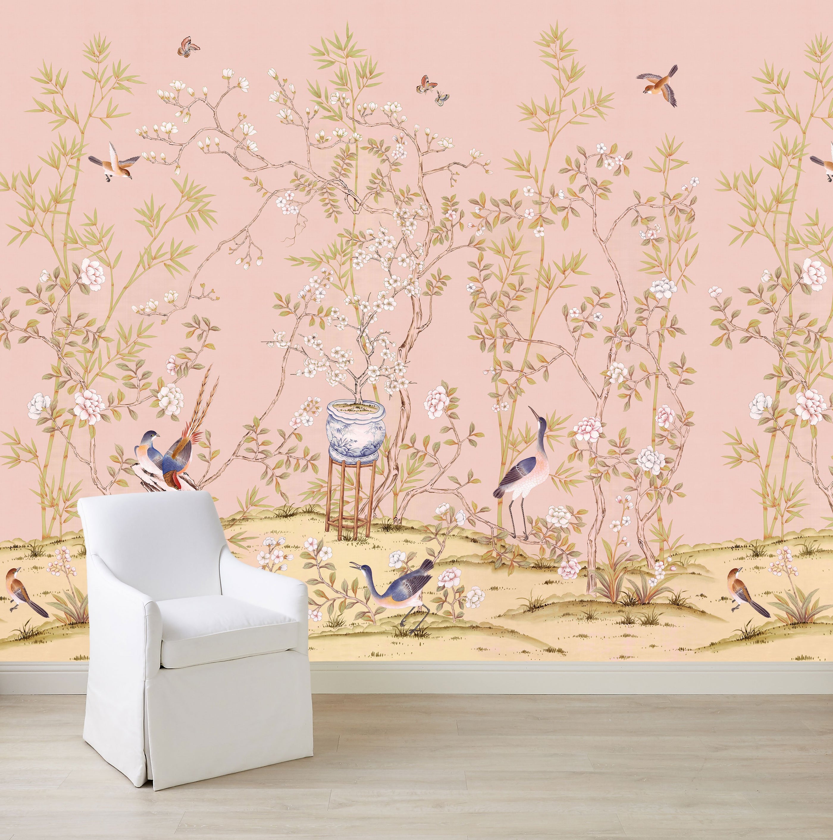 Belfort in Blush Chinoiserie Wallpaper in Room