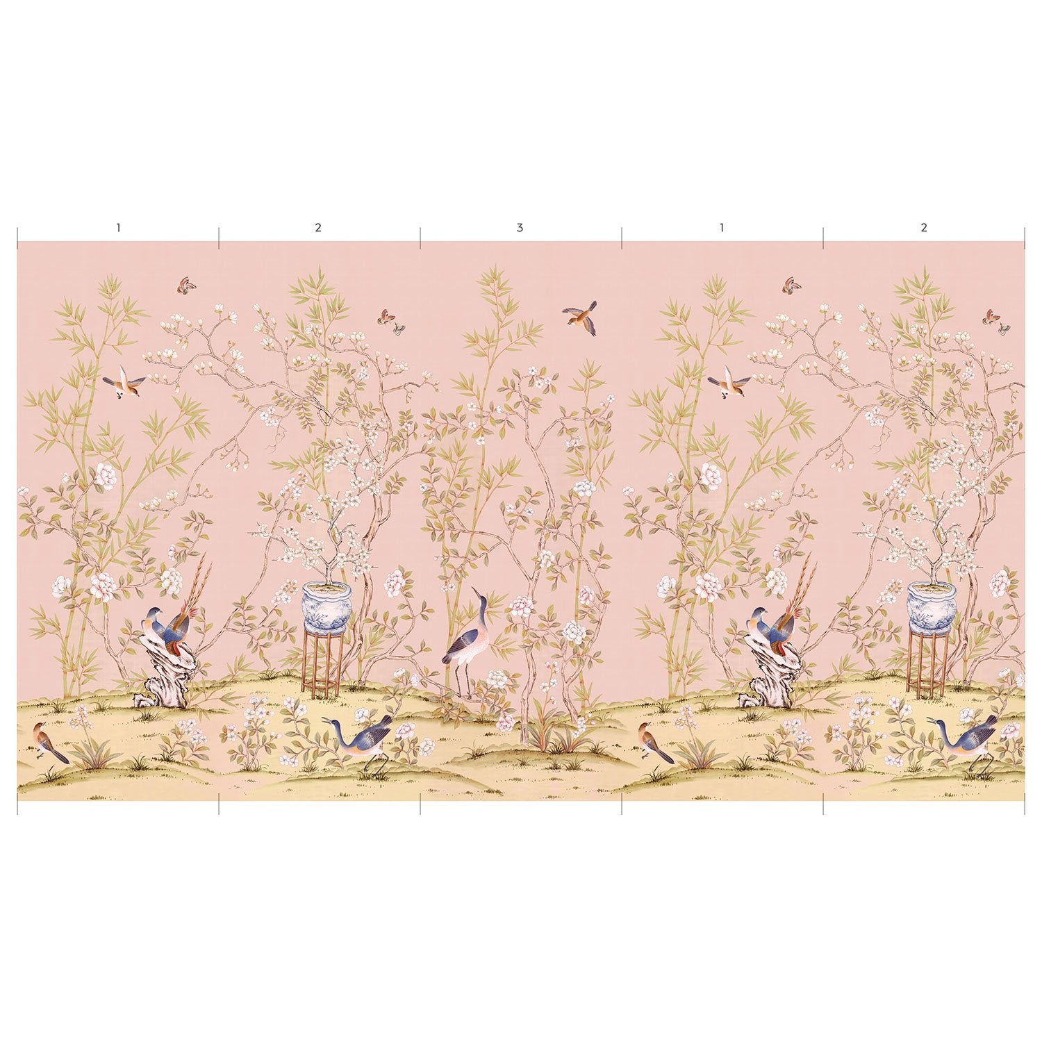 Extended Panels of Belfort in Blush Chinoiserie Wallpaper Mural