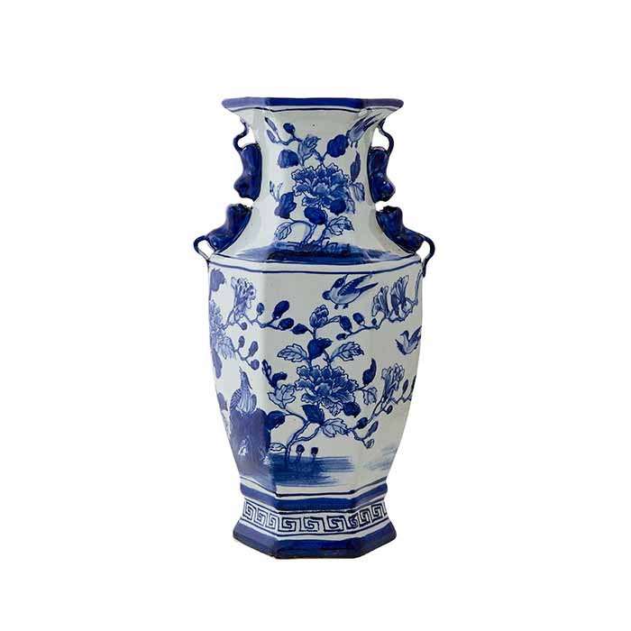 Blue Floral Hex Porcelain Vase