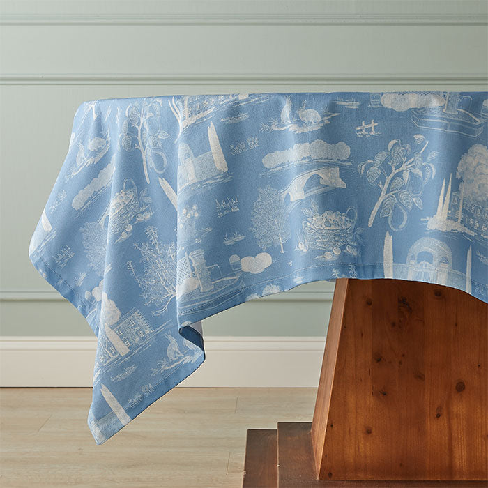 Bluet Provence Toile Tablecloth in French Blue on Table