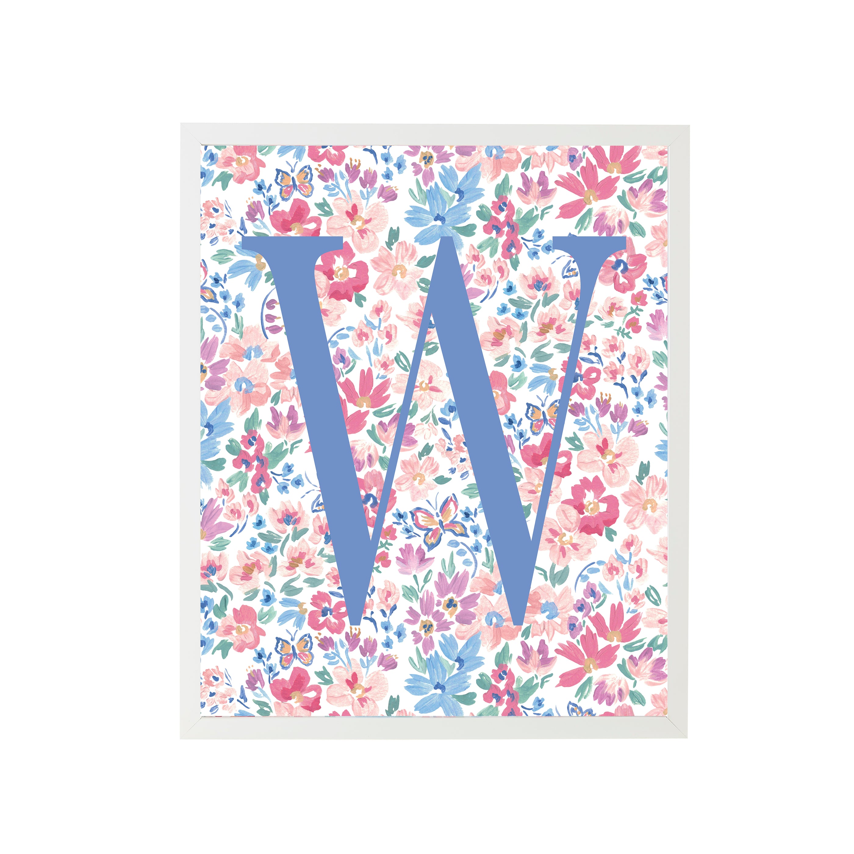 Butterfly Garden Letter W Art Print in White Frame