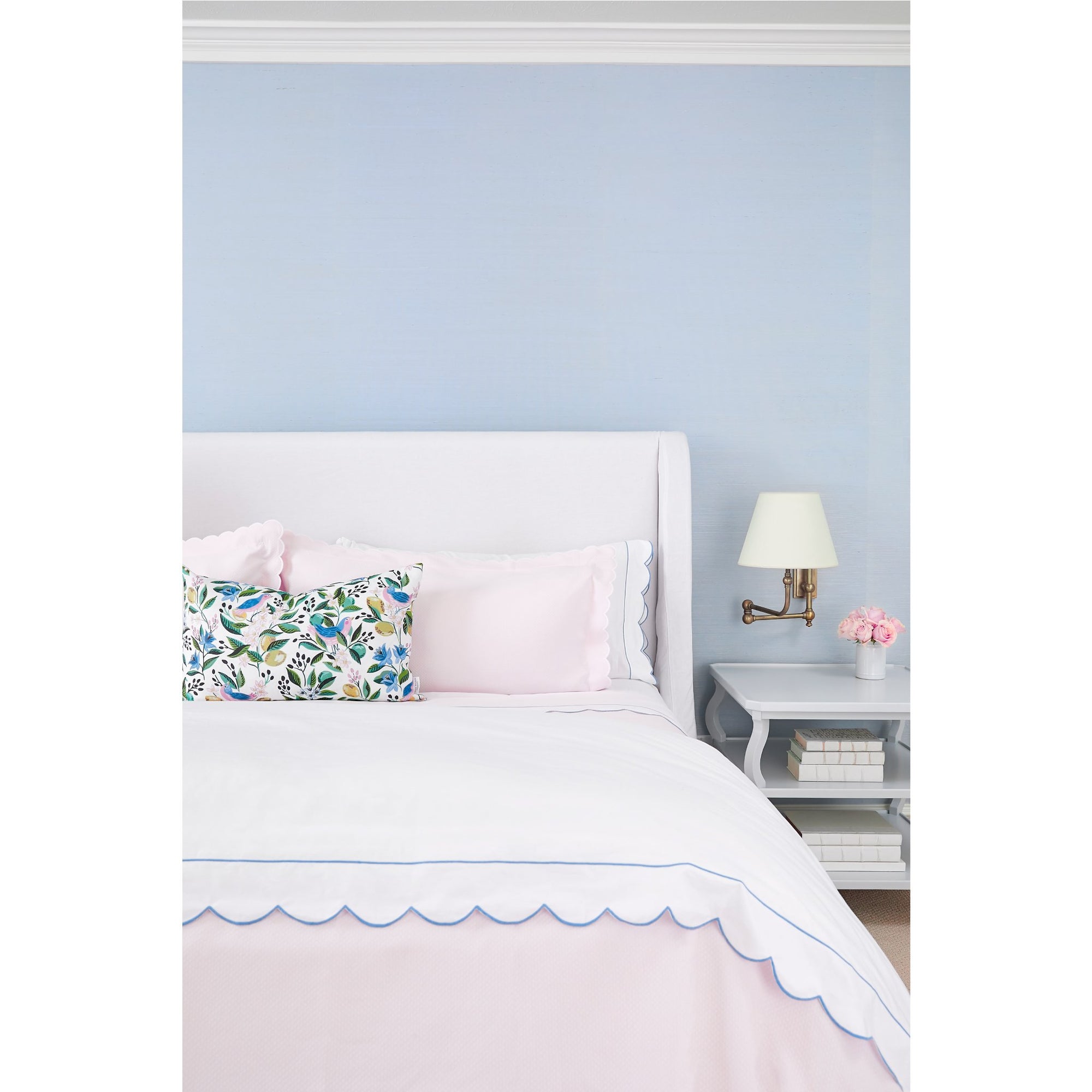 Blue Scalloped Edge Matouk Butterfield Duvet Cover on Bed