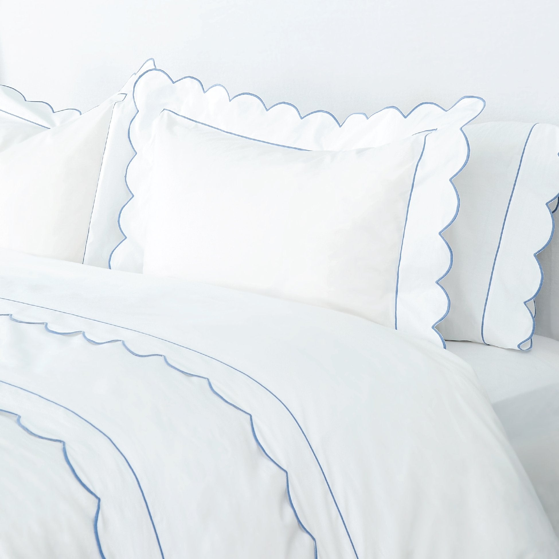 Butterfield Pillowcase Shams with Blue Scalloped Edge