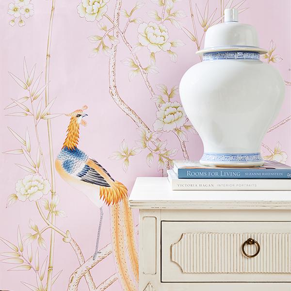 Chinoiserie Calais Mural Wallpaper in Powder Pink Styled with Table