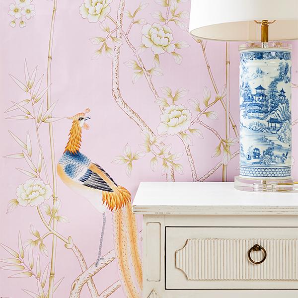 Chinoiserie Calais Mural Wallpaper in Powder Pink in Room