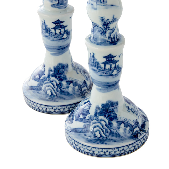 Chinese Print Detail on Blue and White Canton Candle Holders