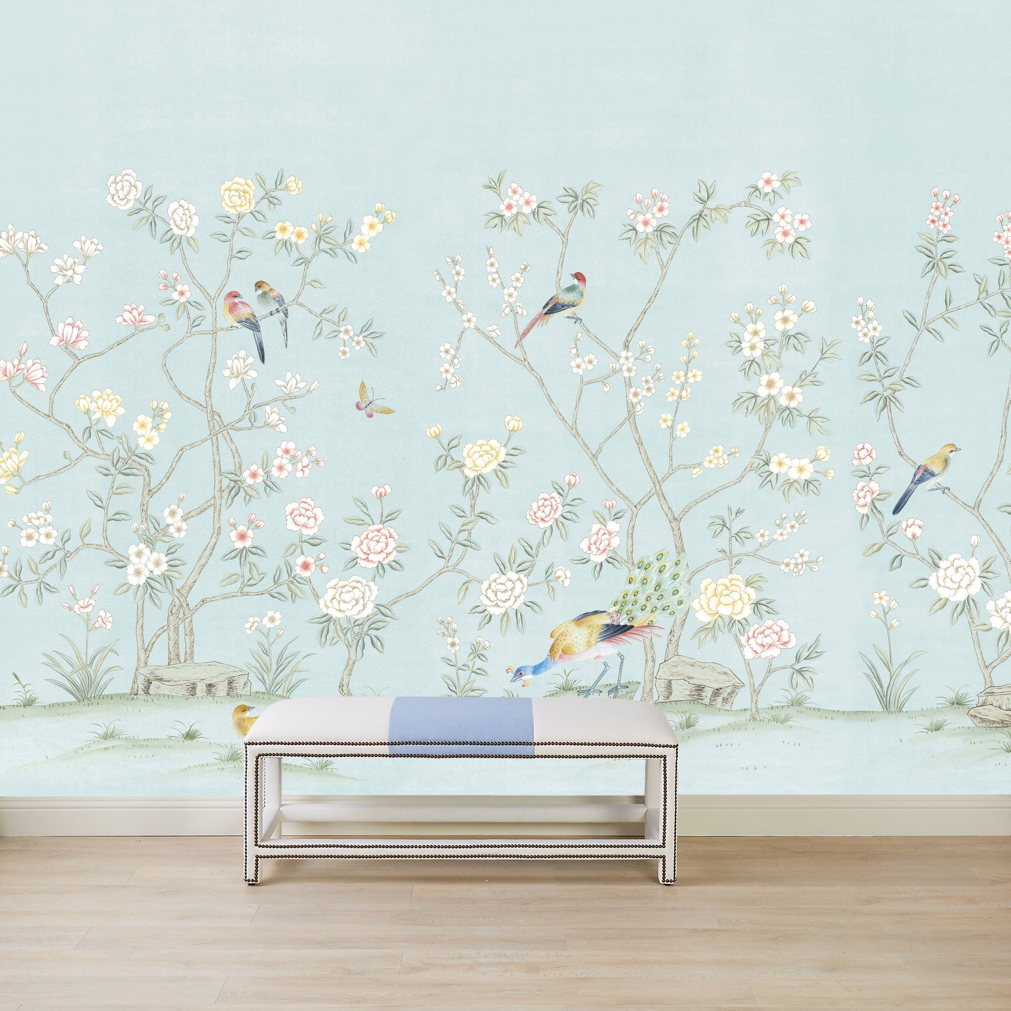 Colchester in Blue Chinoiserie Wallpaper Mural with Bench