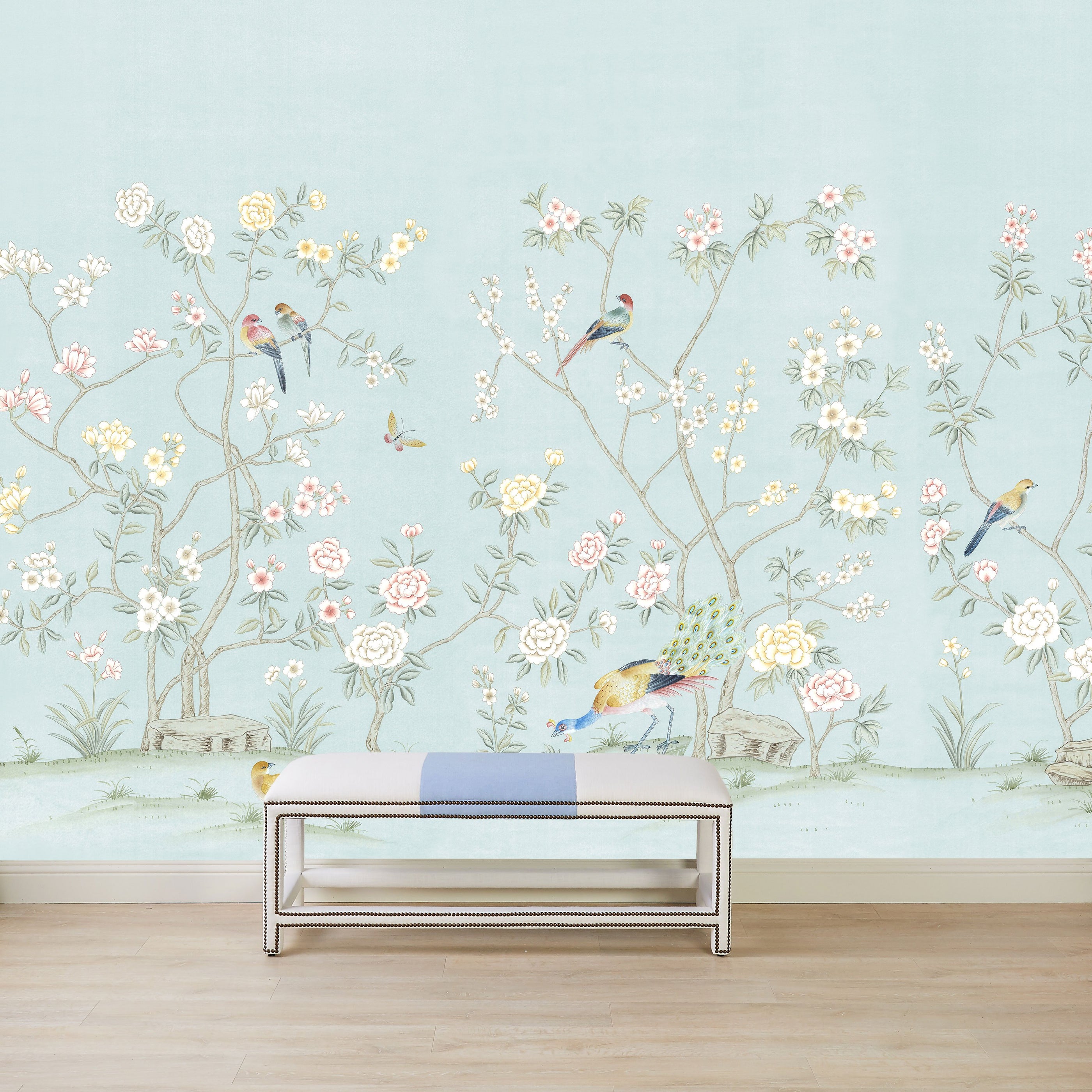 Colchester in Blue Chinoiserie Wallpaper Mural with Bench