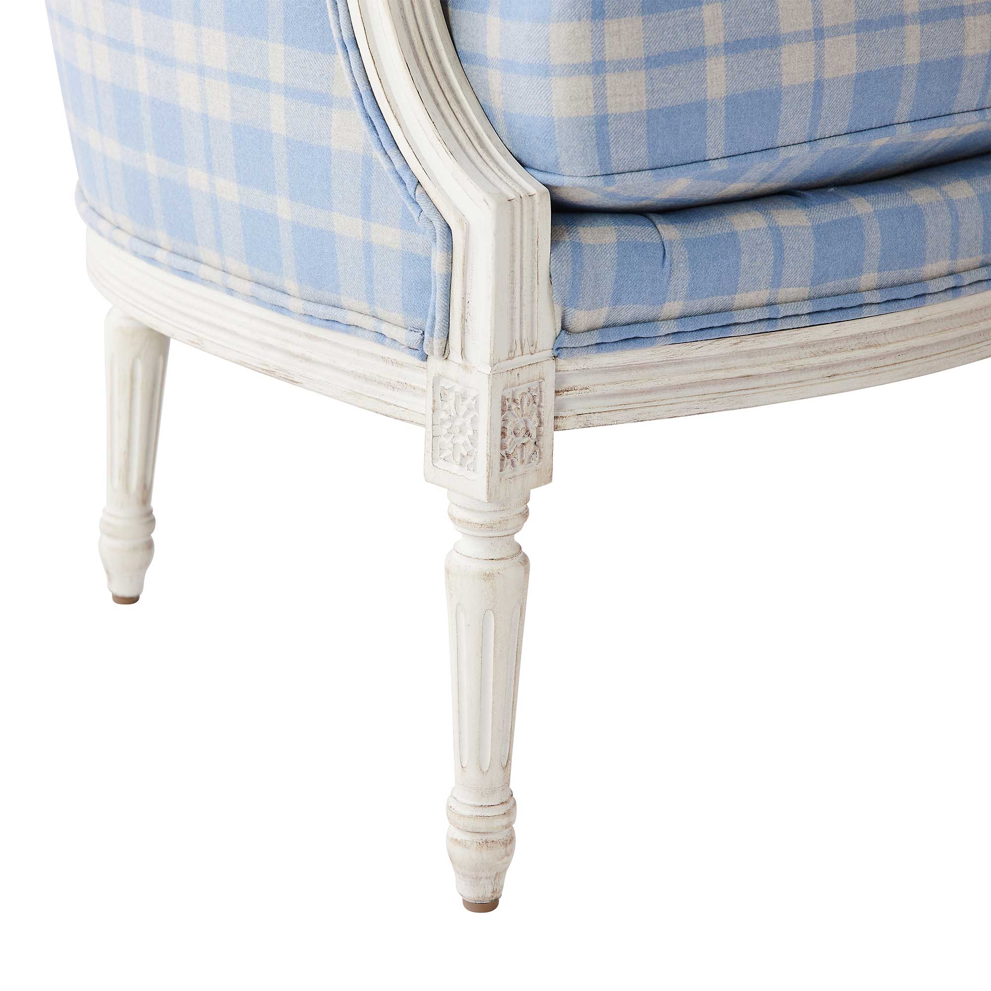 Carved Legs on Adele Lounge Chair in Blue Plaid