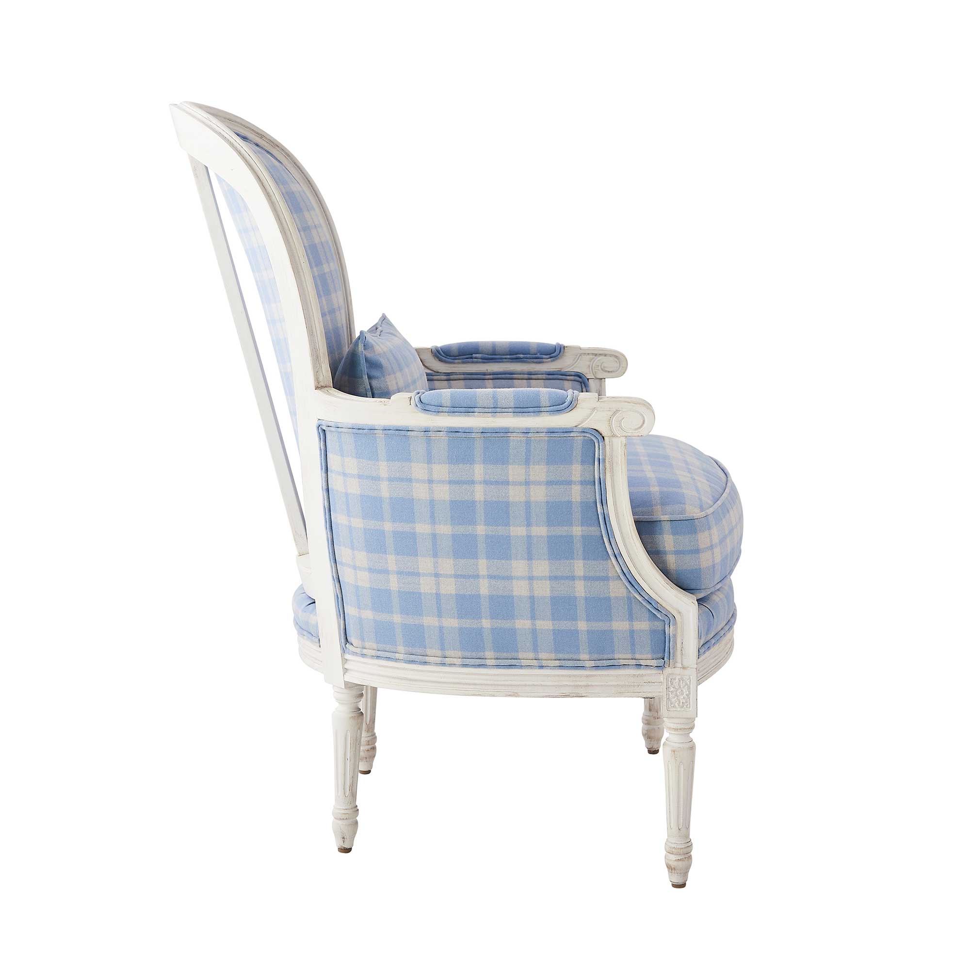 Side of Adele Lounge Chair in Blue Plaid with Kidney Pillow