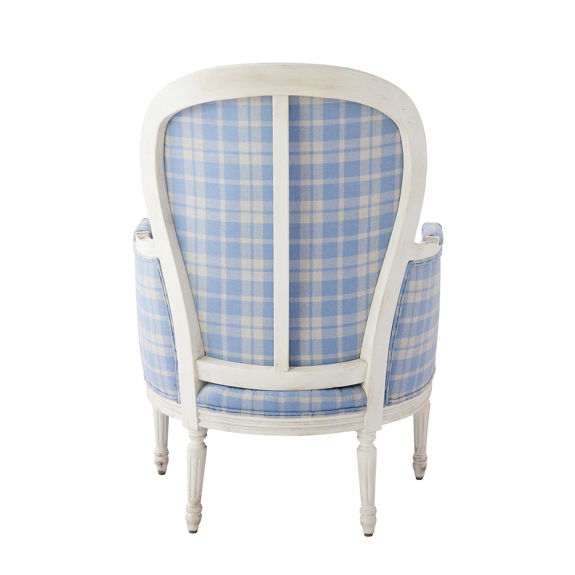 Back of Adele Lounge Chair in Blue Plaid