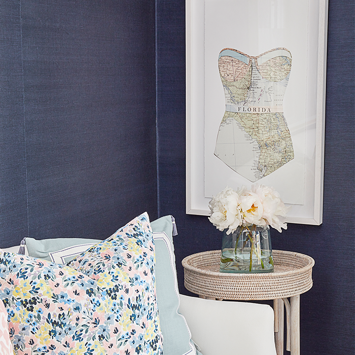 Grasscloth Wallpaper in Deep Navy in Living Room