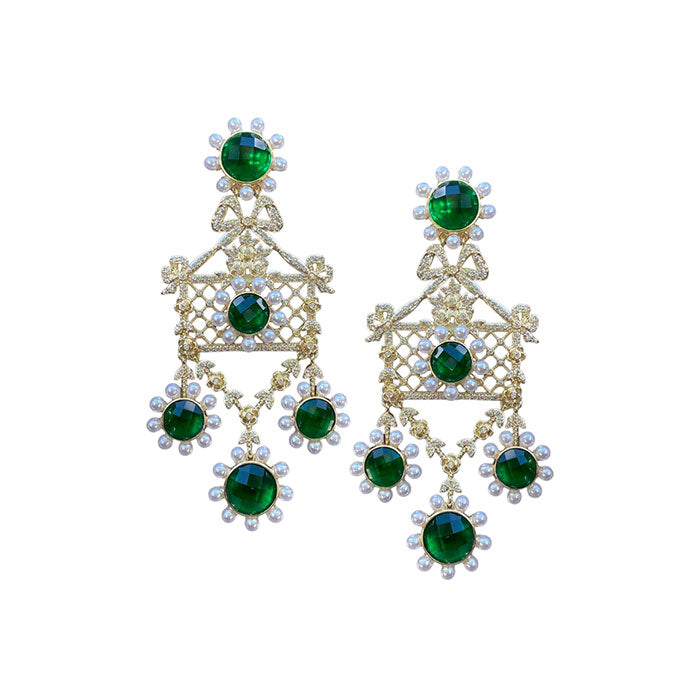 Emerald Flower & Pearl Chandelier Earrings