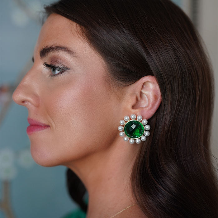Emerald & Pearl Halo Stud Earrings