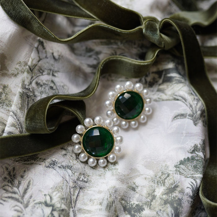 Emerald & Pearl Halo Stud Earrings