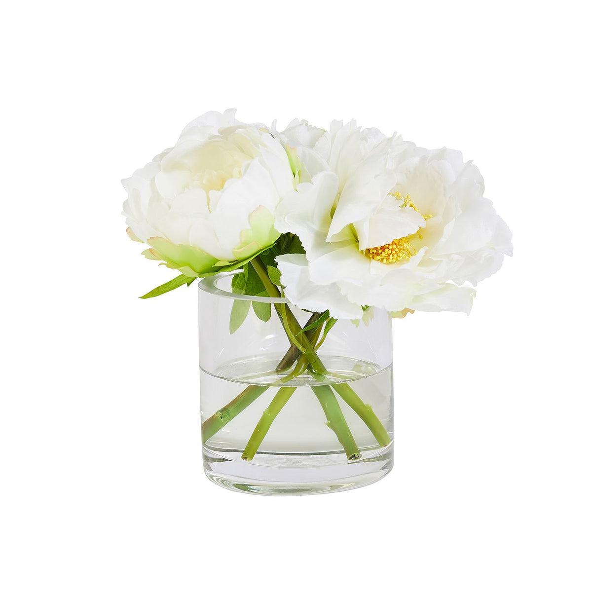 Faux White Peony Bouquet in Clear Cylindrical Vase