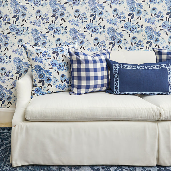 White Monroe Skirted Sofa in Floral Room