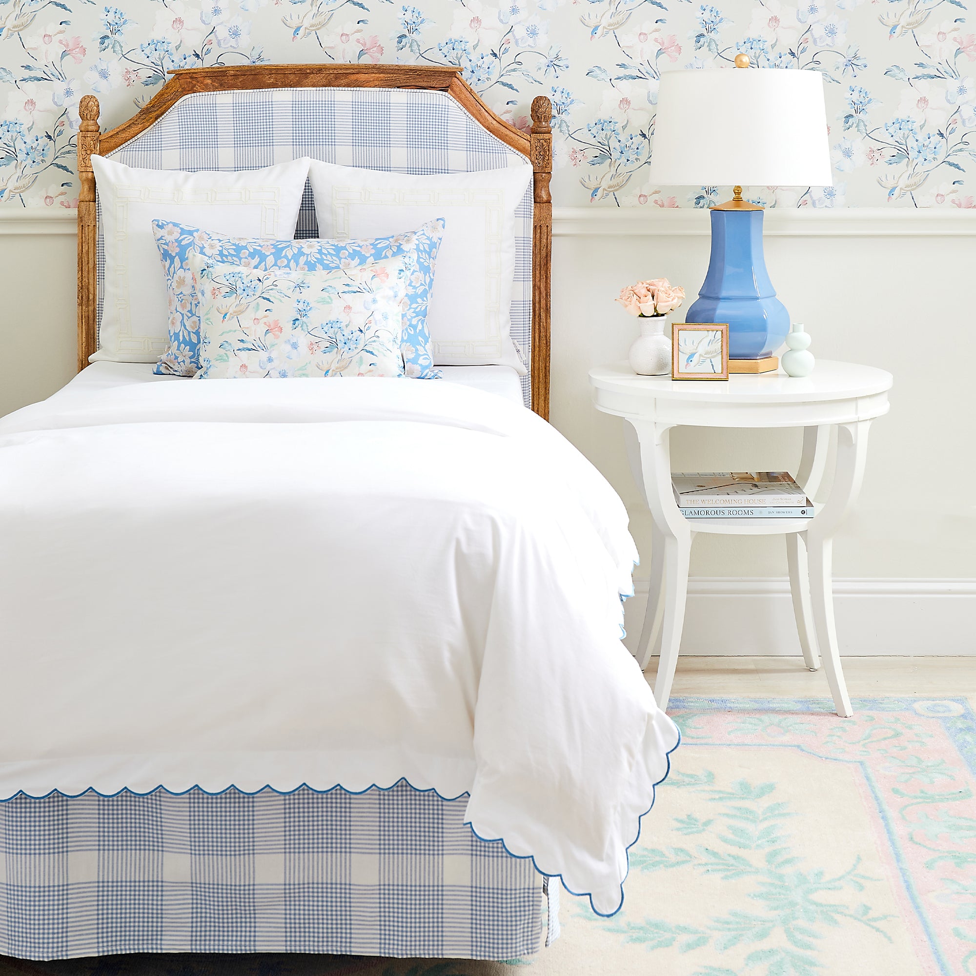 Matouk Butterfield Duvet Cover with Blue Scalloped Edge in Floral Bedroom