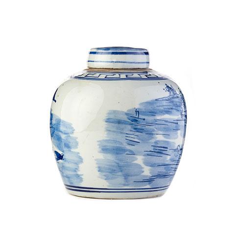 Small Blue and White Lidded Jar with Trees