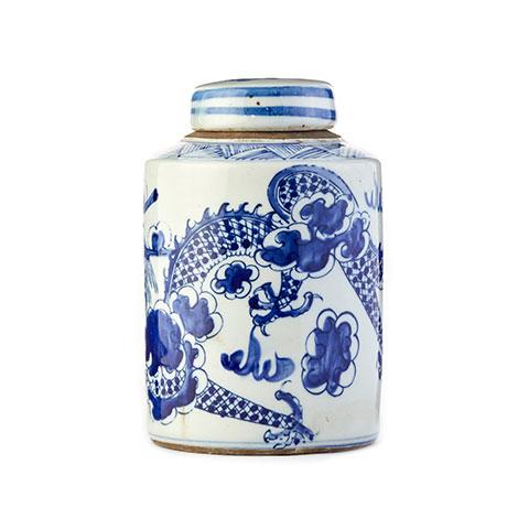 Cylindrical Small Lidded Dragon Tea Jar in Blue and White