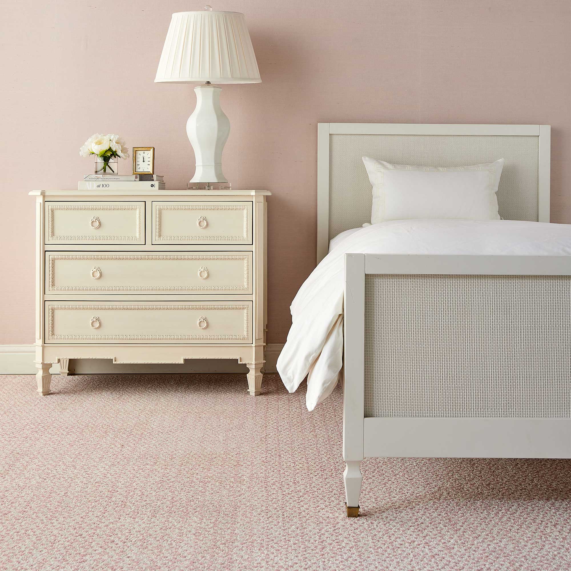 Proper Pink Leighton Spotted Area Rug in Bedroom