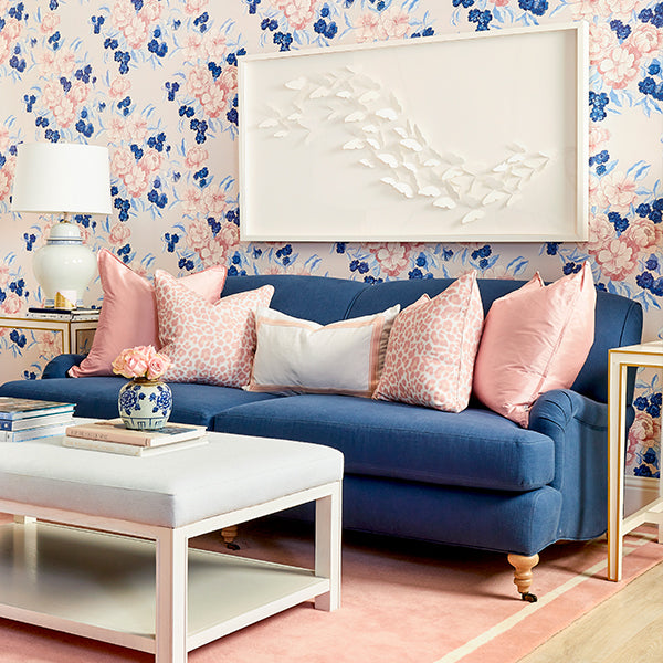 Abbot Sofa in Midnight Hampton in Pink and Blue Living Room
