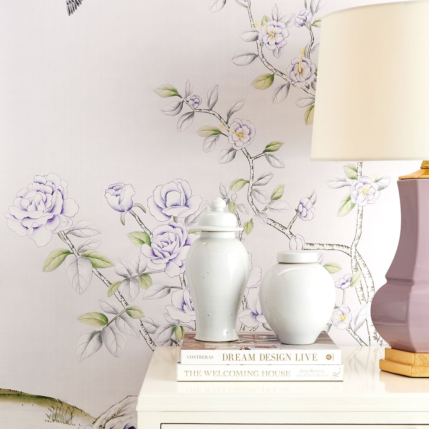 Louis in Lavender Traditional Chinoiserie Wallpaper on Wall
