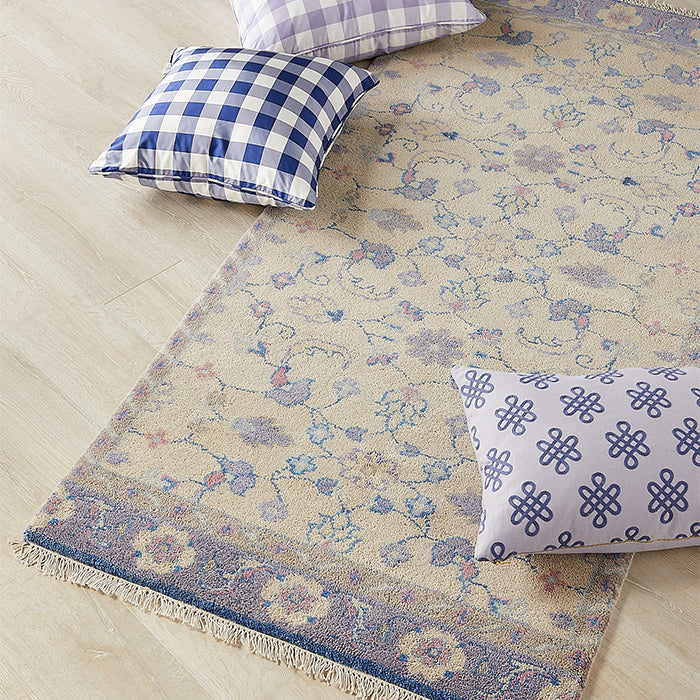 Lucy Wool Area Rug in Floral Lilac Cream On Floor