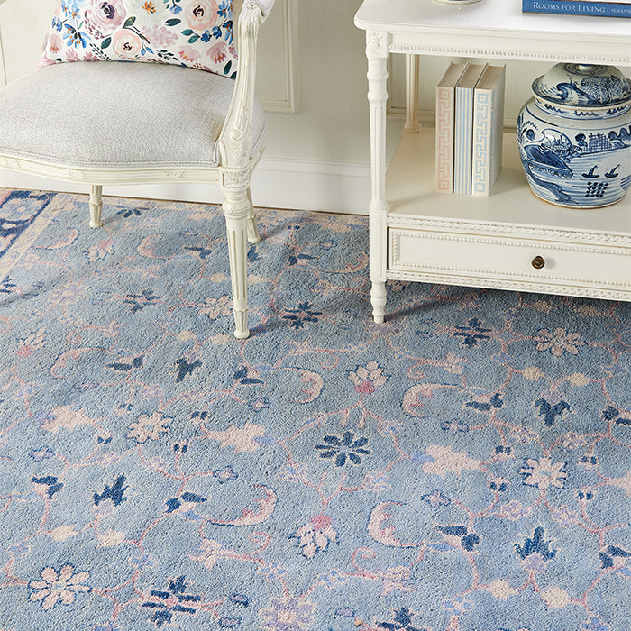 Lucy Modern Floral Area Rug in Blue on Floor