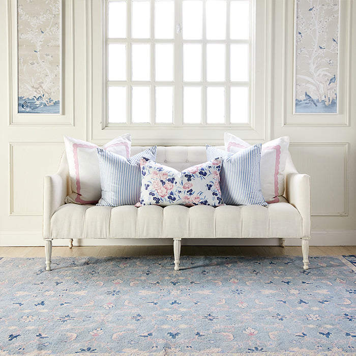 Lucy Floral Area Rug in Blue Styled in Living Room