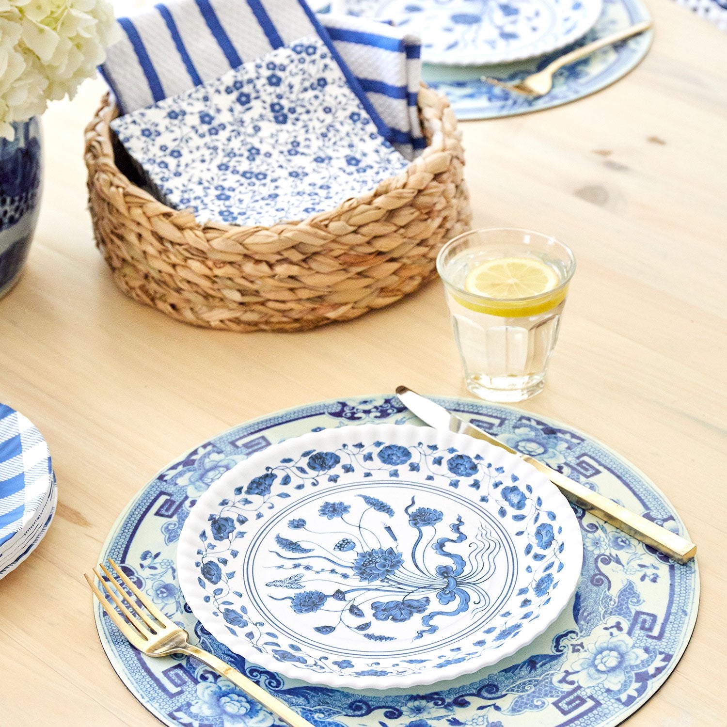 Melamine Blue and White Plate with Botanical Design on Table