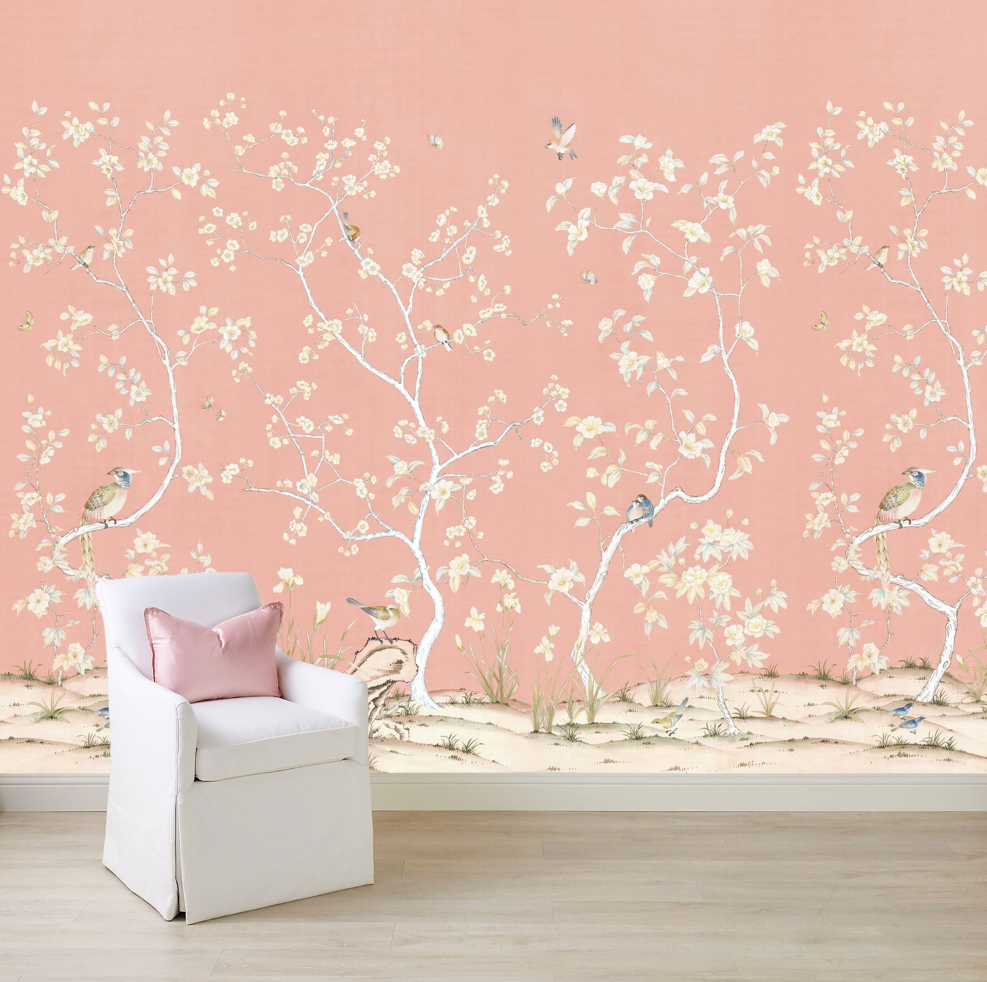 Traditional Chinoiserie Carlisle Wallpaper Mural in Coral on Wall