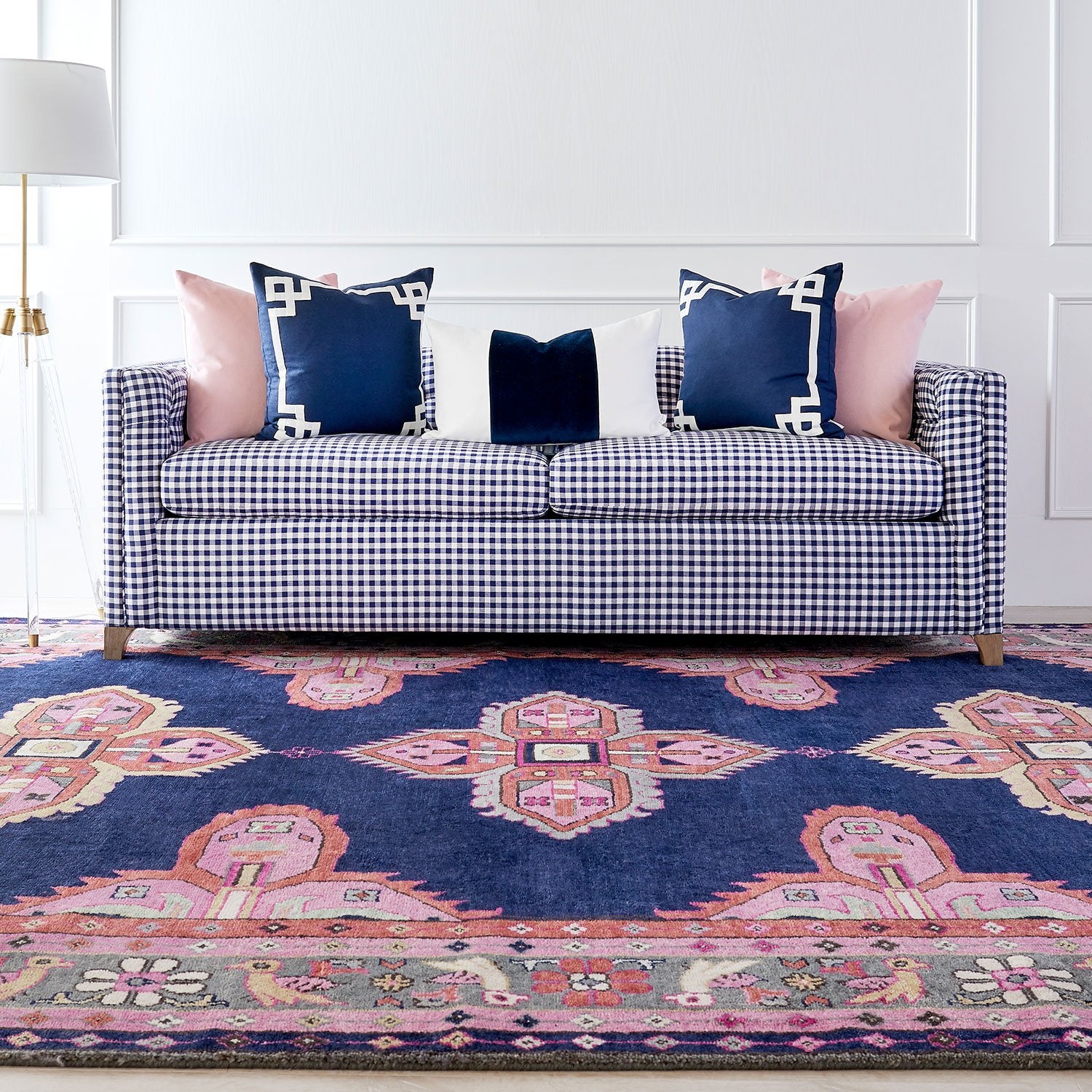 Kismet Living Room Area Rug in Navy Under Sofa