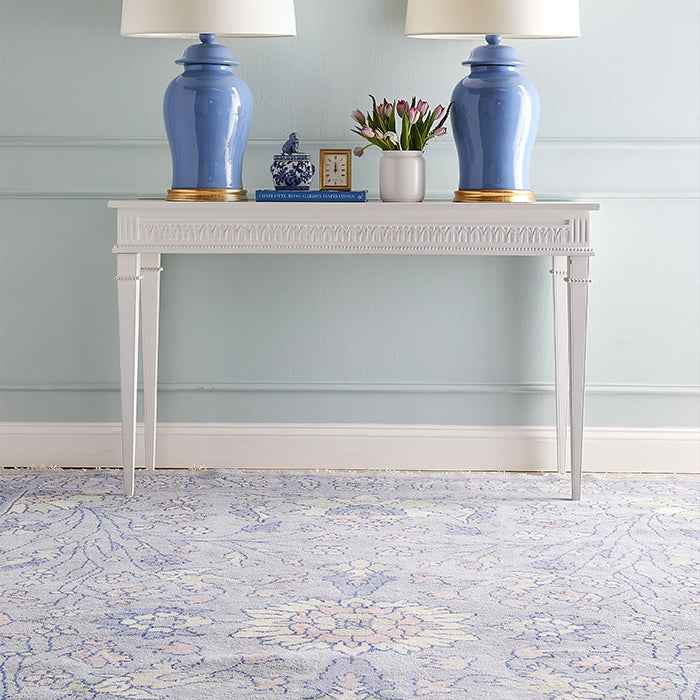 Olivia in Blue Pearl Floral Area Rug with White Table