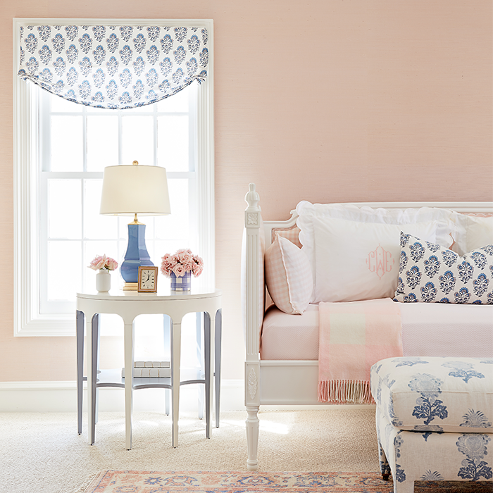 Grasscloth Wallpaper in Pale Rose on Walls in Bright Bedroom