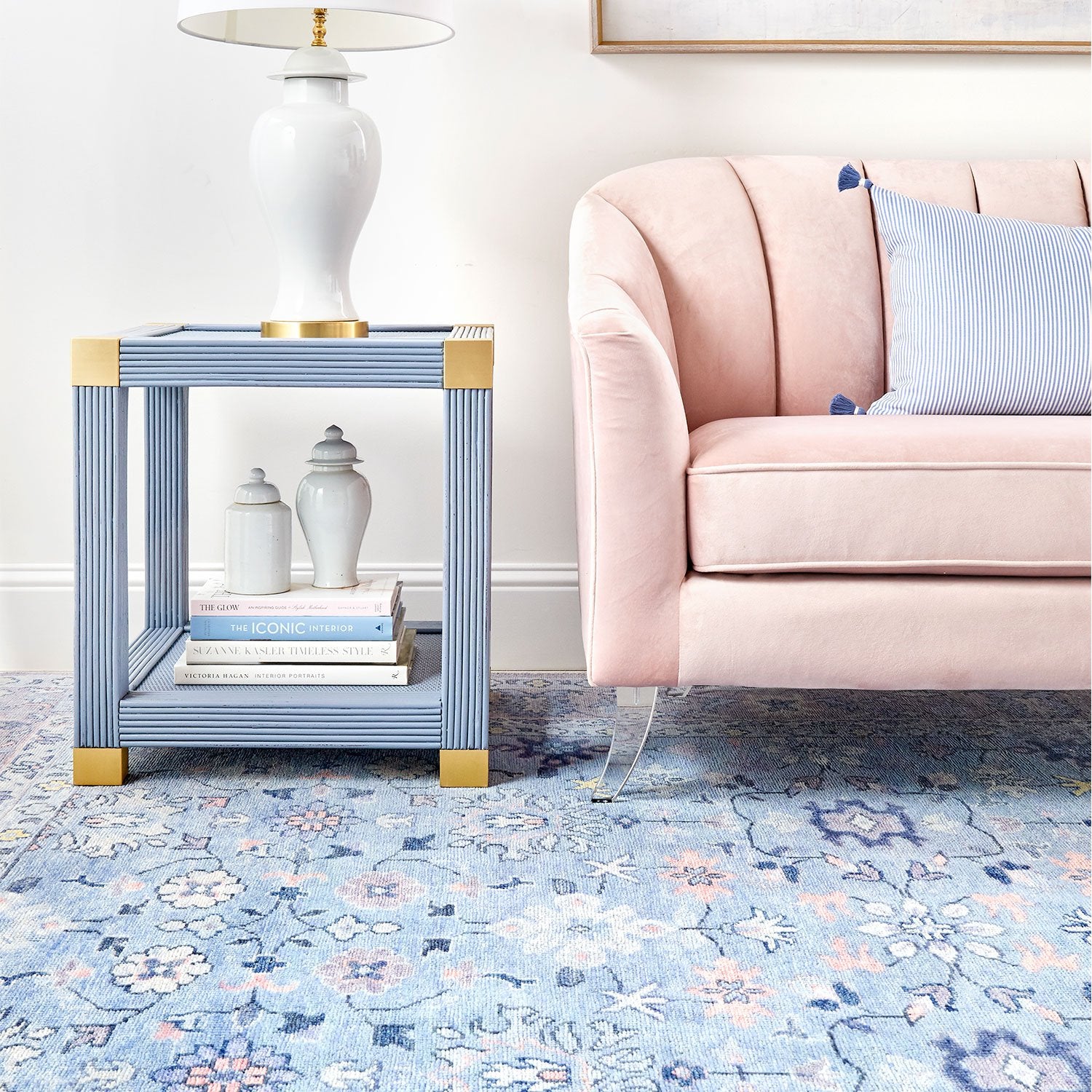 Blue Pasha Rug in Living Room with Pink Sofa