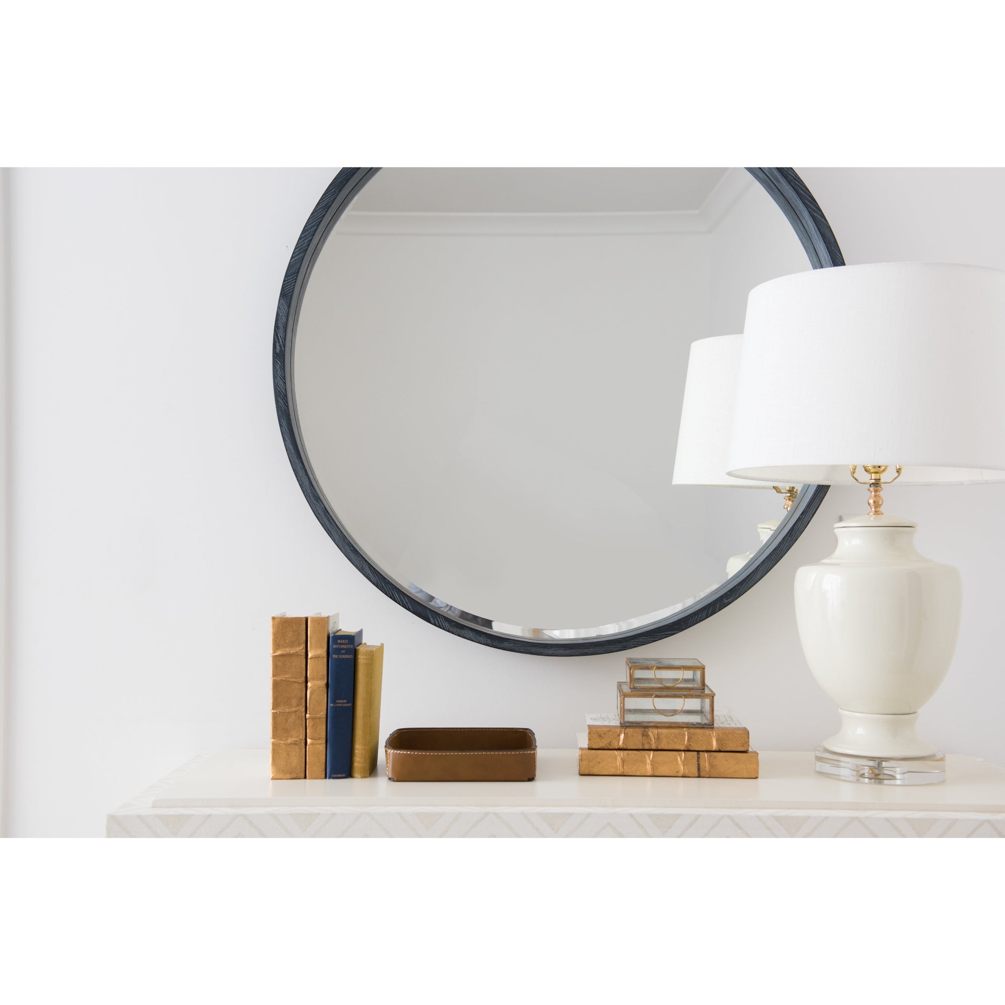 Abbott Round Beveled Mirror with Blue Gray Frame Above Shelf
