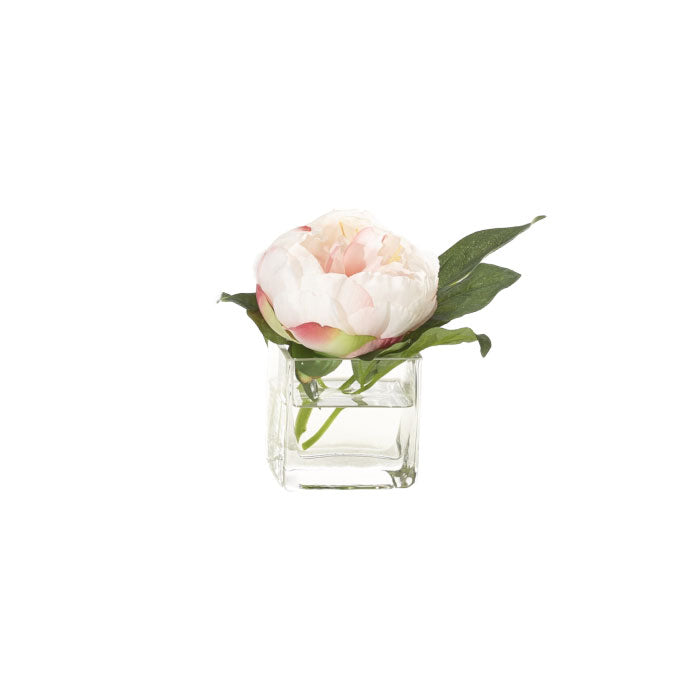 Artificial Pink Peony in Small Square Glass Vessel