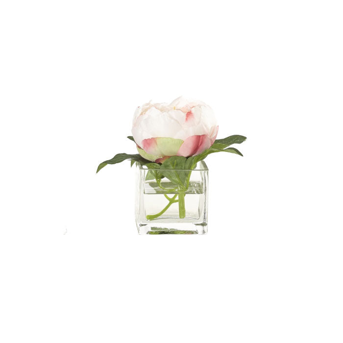 Faux Pink Peony Flower in Square Vase
