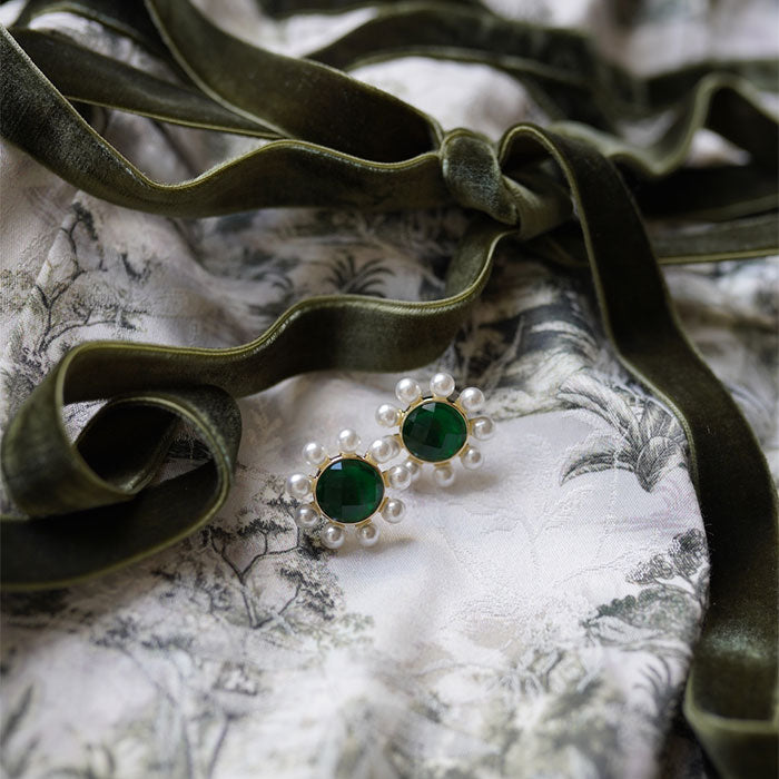 Petite Emerald & Pearl Halo Stud Earrings