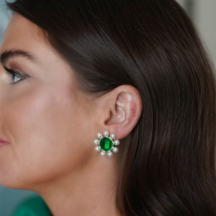 Petite Emerald & Pearl Halo Stud Earrings