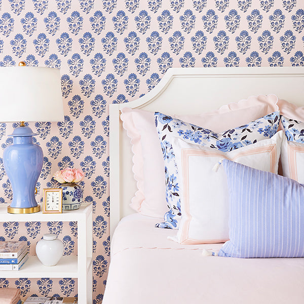 Blue Highland Floral Pillow in Pink Bedroom