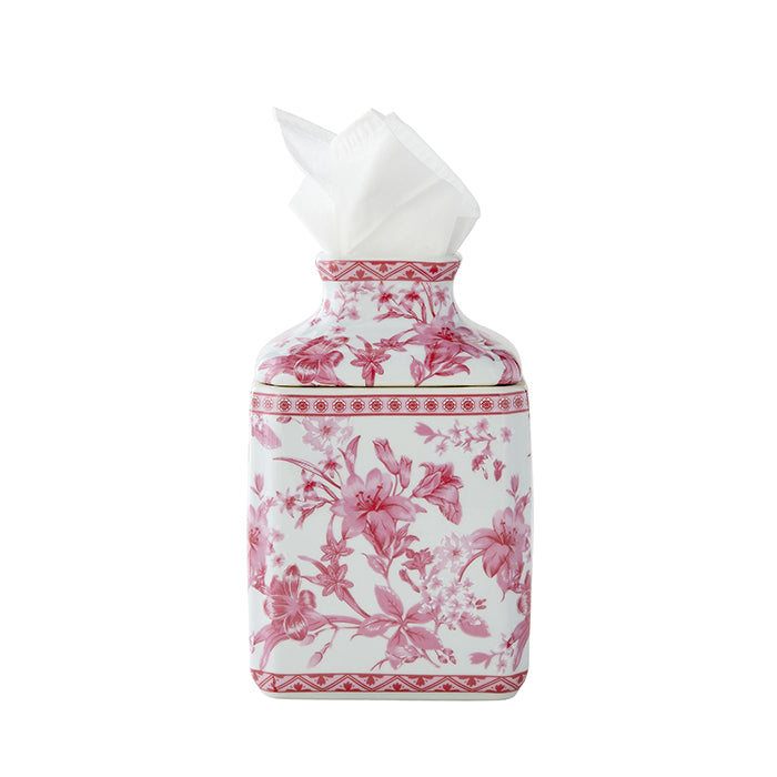 Square Chinoiserie Tissue Holder in Pink & White