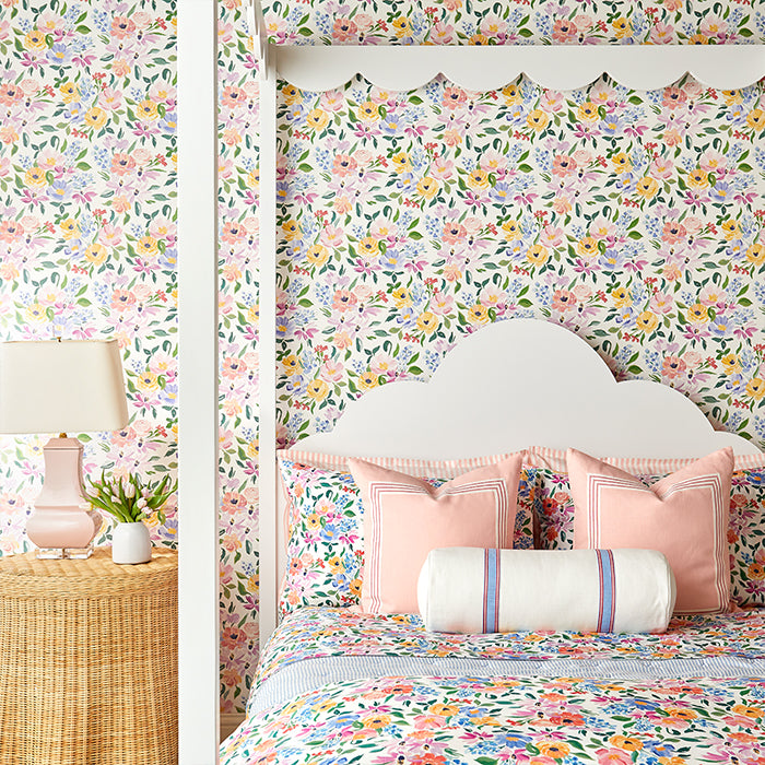 Pastel Blooms Petite in White Wallpaper  Caitlin Wilson