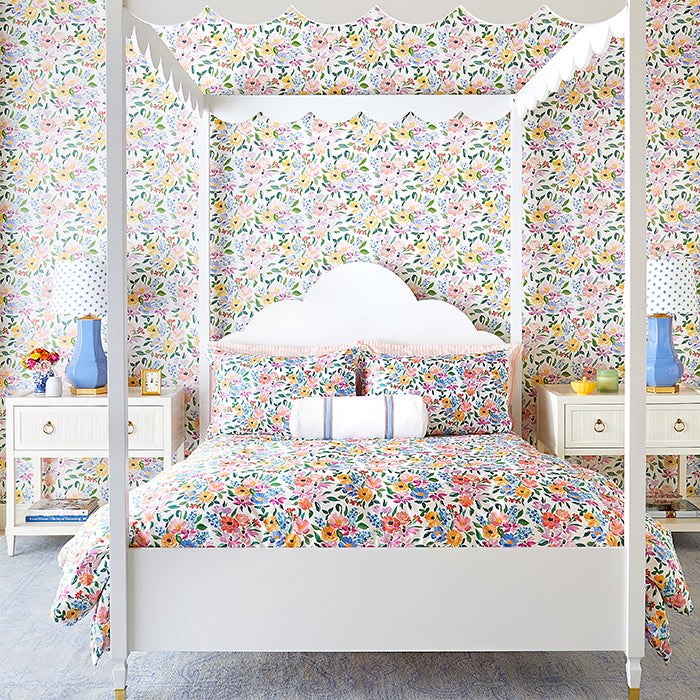 Bedroom with Matching Modern Floral Wallpaper and Bedding in Penelope Design
