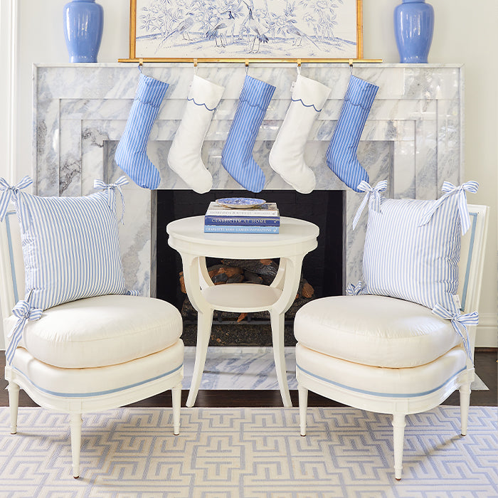 Noelle Bow Pillows in French Blue in Living Room