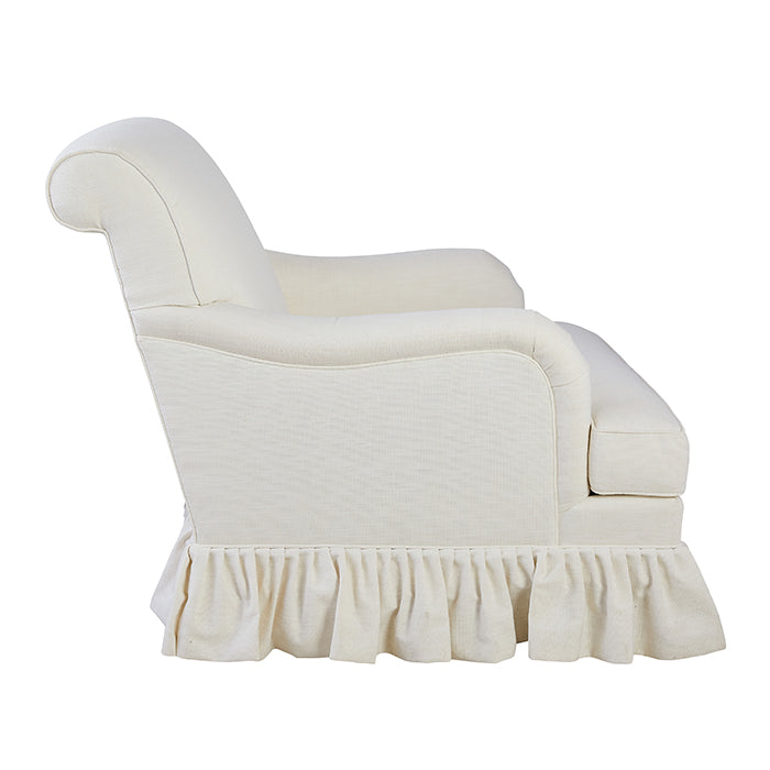 Side View of Lilac Scroll Back Chair with Ruffled Skirt