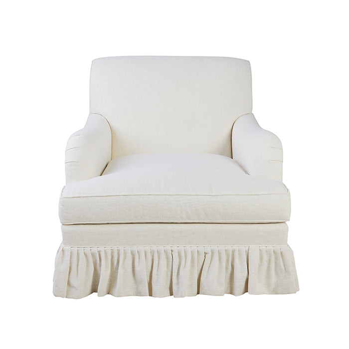 Front View of Lilac Scroll Back Chair with Ruffled Skirt