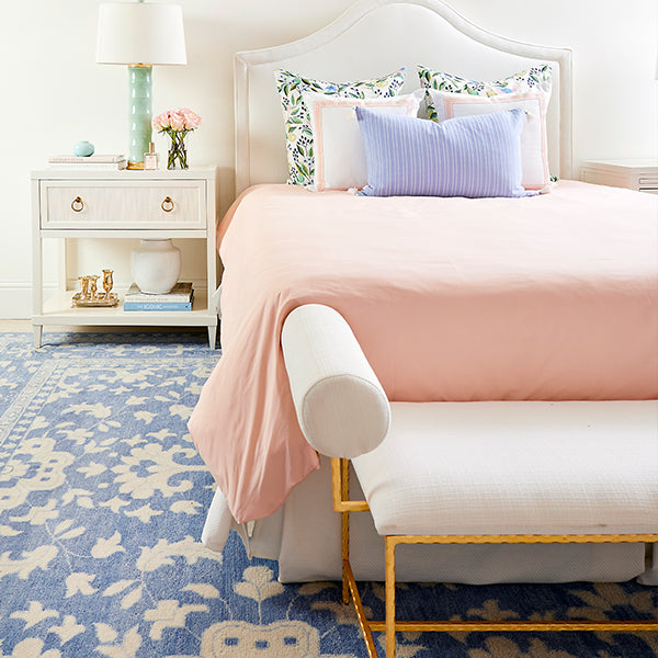 Emma Floral Area Rug in French Blue in Bedroom