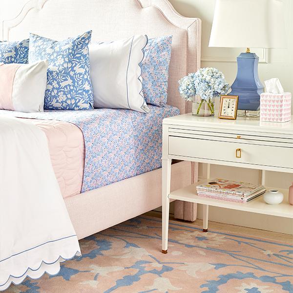 Julia Blush Floral Area Rug in Pink and Blue Bedroom